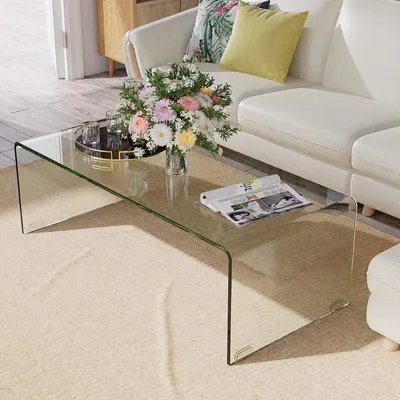 Produktbild von COSTWAY Stolik kawowy z hartowanego szkła, stolik boczny w kształcie litery U, nowoczesny szklany stolik, stolik kawowy do salonu, do biura, hotelu, 108 x 50 x 35 cm