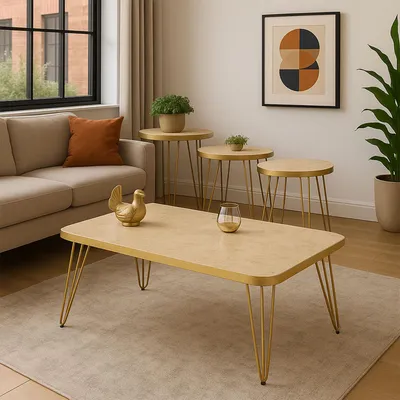 Produktbild von Luxus Couchtisch Set 4-teilig Travertin Creme Gold – Wohnzimmertisch & Beistelltisch