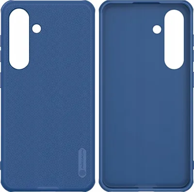Two views of a blue phone case, showing the front and back.