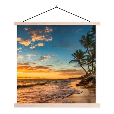 Produktbild von MuchoWow® Textilposter Strand - Sonnenuntergang - Meer - Palme 120x120 cm mit holzfarbenen Rahmen - Textil-Poster