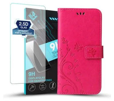 Produktbild von Handyhülle für Samsung Galaxy S25 mit 9H Displayglas Floral Blumen Schmetterling Flip Cover Hülle Case Klapphülle Handytasche Farbe: Pink