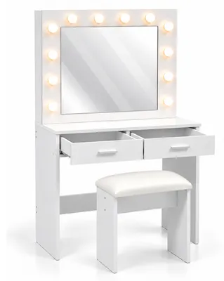 Imagen del producto de Mesa de maquillaje Relaxdays con taburete, espejo estilo Hollywood, iluminación, 2 cajones, dimensiones: 140x80x40 cm, mesa de tocador, color blanco, Imagen generada por IA