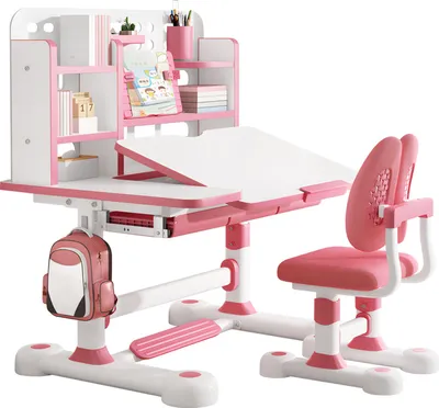 Produktbild von Kinderschreibtisch- und Stuhlset, höhenverstellbares Kinderschreibtisch- und Stuhlset mit Bücherregal und Schublade, um 50 Grad neigbarer Schreibtisch mit Stuhl für Schlafzimmer/Arbeitszimmer