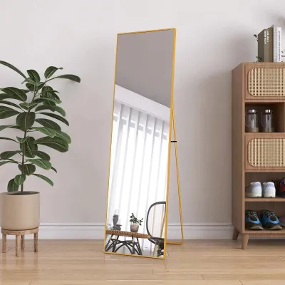 Obrázek produktu pro Celotělové zrcadlo – stojací zrcadlo – rozměry 180 x 80 cm – možnost opření nebo zavěšení – velké nástěnné zrcadlo – minimalistický design – zlaté