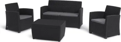 Produktbild von Allibert by Keter Garten Loungeset Mia, 4-Sitzer, wetterfest, Tisch mit Stauraum, Rattan-Optik, inkl. Sitzkissen, Graphit, Kunststoff/Polyester, Sessel ca. 70x70x76cm, Sofa 135x72x76cm, Tisch 80x60x42cm