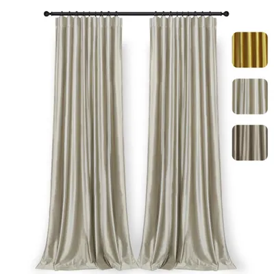 Two champagne-colored velvet curtains hanging on a black curtain rod against a white background. Three color swatches are shown on the right side of the image: gold, light taupe, and dark taupe.