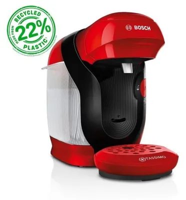 A red and black Bosch Tassimo capsule coffee machine is shown against a white background.