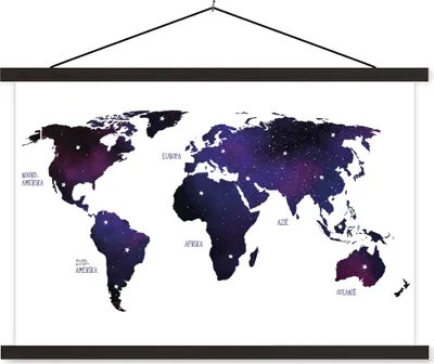 Produktbild von MuchoWow® Textilposter Weltkarte - Lila - Sternenhimmel - Kinder - Jungen - Mädchen 150x100 cm mit schwarzem Rahmen - Schlafzimmer