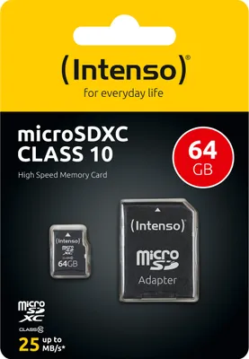 Zdjęcie produktu dla Intenso 64GB MicroSDHC, 64 GB, MicroSDXC, Klasa 10, 25 MB/s, Odporny na wstrząsy, Odporny na temperaturę, Wodoodporna, Odporny na promieniowanie rentgenowskie, Czarny