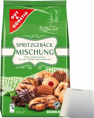 Produktbild von Gut & Günstig Spritzgebäckmischung mit 6 ausgewählte Spritzgebäckspezialitäten (500g Packung) + usy Block