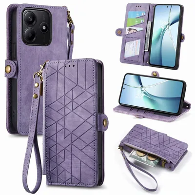 Obrázok produktu pre Puzdro typu „book wallet“ s zipsom a pútkom pre Xiaomi Redmi Note 14 5G, z umelej kože s geometrickým vzorom, fialové