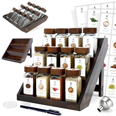 Zdjęcie produktu dla Zestaw organizerów na przyprawy - 3-poziomowa półka na przyprawy - 12 szklanych pojemników na przyprawy o pojemności 120 ml (szkło borosilikatowe) - Składana taca z drewna akacji - Z pokrywkami, etykietami i lejkami - Przezroczyste