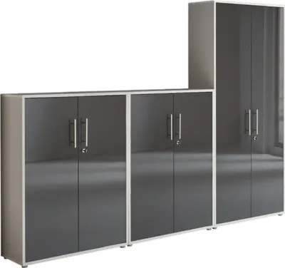 Produktbild von Aktenschrank TABOR 53 in lichtgrau / anthrazit Hochglanz, Schrankwand, Büroschrank, abschließbar, Metallgriffe