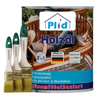 Produktbild von Plid Holzöl 1L Douglasie für ca. 10m² + Pinselset 3-tlg – Holzschutz & Pflegeöl, Imprägnierung für Gartenmöbel, Terrassen, Zäune & Außenbereich