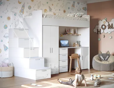 Produktbild von Etagenbett FELIX 4S – Hochglanz oder Matt – Kinderbett, Hochbett, MIT Matratze und Lattenrost (Weiß + Weiß, Glanz)