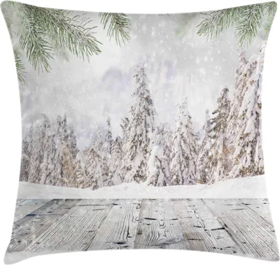 Produktbild von ABAKUHAUS Winter Kissenbezug, Abstraktes Weihnachtsthema mit Schnee bedeckte Wald und hölzernes Oberflächenbild, 45 x 45 cm, Beige Grün Weiß