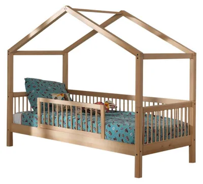 Produktbild von Hausbett Kelci 90x200 mit Dach und Rausfallschutz Buche massiv natur