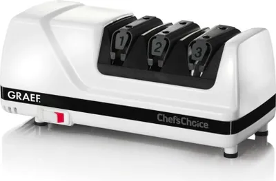 A white electric knife sharpener with three sharpening slots labeled 1, 2, and 3.
