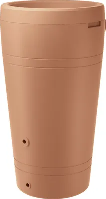 A terracotta rain barrel is shown against a white background.