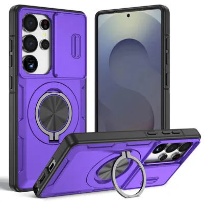 Produktbild von Magnetische Hülle für Samsung Galaxy S25 Ultra, Militär Stoßfest Handyhülle mit Kameraschutz und Ringhalter Ständer Lila
