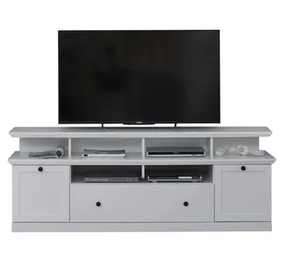 Image de Brax Meuble TV avec 1 support TV, 2 portes, 4 espaces de rangement et 1 porte battante, blanc.