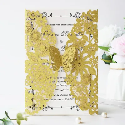 20 Goldene Glitzer-Hochzeitseinladungen mit Schmetterling