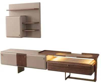 Produktbild von Moderne Wohnwand TV-Lowboard warmer LED-Beleuchtung mit Wandregal