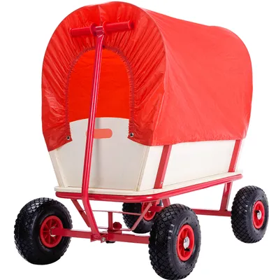 Produktbild von MONZANA® Bollerwagen Holz bis 180 kg mit Dach Luftreifen Stabil Robust Stahl Allround Handwagen Gartenwagen Strandwagen Leiterwagen Transportwagen Rot