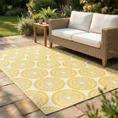 Produktbild von Outdoor-Teppich Rio – Recycelter Kunststoff – Wetterfest, Wendbar, UV-beständig – Geometrische Kreise Gelb – 240x300 cm