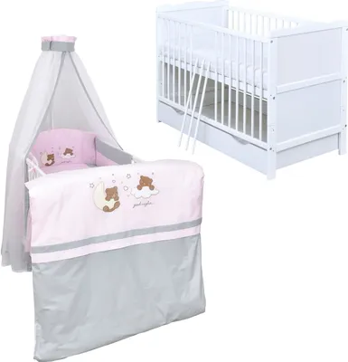 Produktbild von Baby-Delux Babybett Kinderbett Jack 140×70 weiß inkl. Schublade Bettwäsche komplett Set Traumdland Rosa Grau