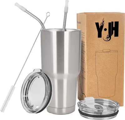 Produktbild von Y·J&H Doppelwandiger Vakuum Isolierbecher Autobecher Edelstahl Reiseflasche Thermobecher Coffee to go mit 2 Spritzwassergeschützten Deckeln 2 Strohhalmen Tubenbürste BPA Frei