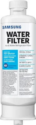 A white Samsung water filter for a refrigerator, shown upright against a white background.