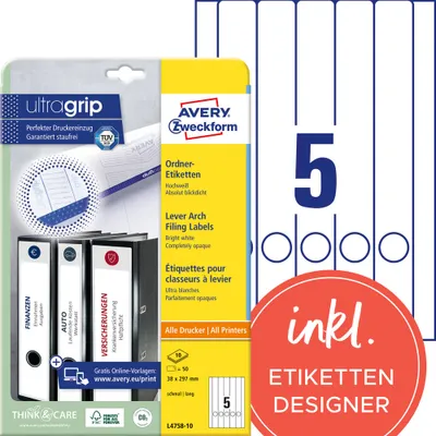 Produktbild von Avery Zweckform L4758-10 Ordner-Etiketten, A4 mit ultragrip, 38 x 297 mm, 10 Bogen/50 Etiketten, weiß