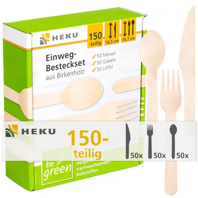 Wegwerpbesteckset 150-tlg. aus Birkenholz – Messer, Gabeln, Löffel