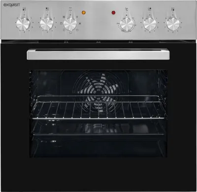 A front view of a stainless steel and black built-in oven.