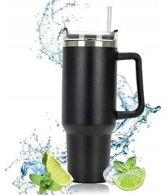 Produktbild von XXL Thermobecher 1000ml mit Henkel und Strohhalm, Schwarz