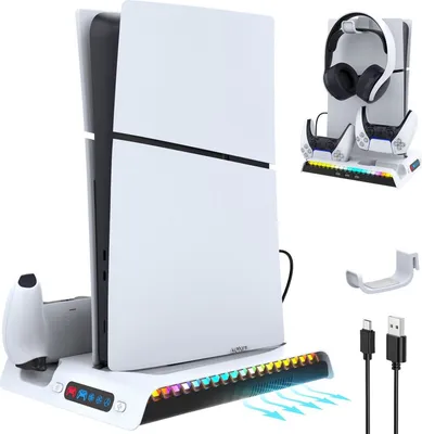 Produktbild von PS5 Slim Ladeständer, mit Lüfter nur für die PS5 Slim Konsole,mit 9 RGB-Leuchten & Headset-Haken  &3-stufigem leisem Lüfter, für PS5 Slim Digital/Disc