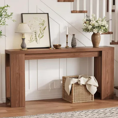 Produktbild von Rustikaler Konsolentisch aus Holz - Landhaus Stil - Extra lang 180 cm - Schmaler Sofatisch mit Ablageboden - Für Flur, Diele, Wohnzimmer - Einfache Montage - Braun