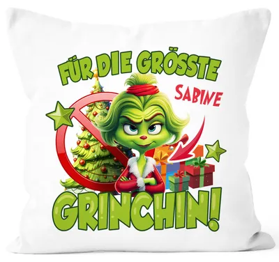 Produktbild von Kissenbezug Grinch Weihnachten Mann Frau Paar mit Namen personalisierbar Geschenk lustig Weihnachtsmuffel Moonworks® Grinch Lady weiß standard