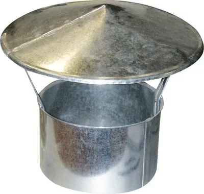 A galvanized metal chimney cap with a conical top and a cylindrical base.