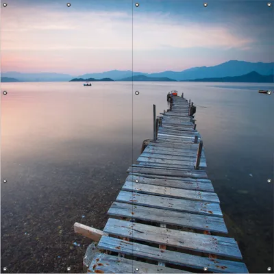 Produktbild von Wallario Outdoor-Poster für Garten oder Balkon, Motiv Steg am See- Idylle bei Sonnenuntergang, in ca. 180 x 180 cm