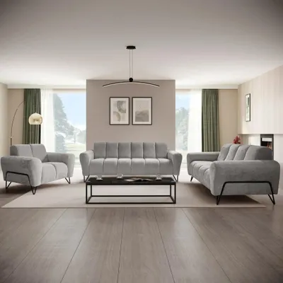 Produktbild von Polsterset VOLARE - Moderner Sitzgarnitur - Sessel + Sofa 2-Sitzer & 3-Sitzer - Chenille Storm in Dunkelgrau, dekorative schwarze Metallbeine