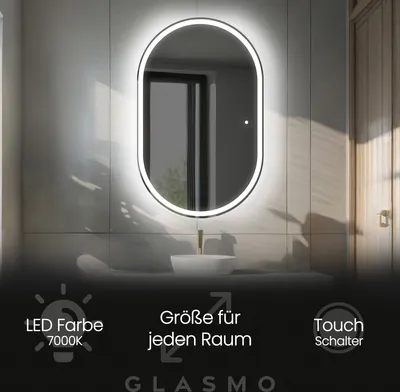 Produktbild von Badspiegel mit Beleuchtung 90x150 cm Darcy - Vertikal Oval Spiegel mit LED Beleuchtung - Kaltweiß 7000K - Badezimmerspiegel Lichtspiegel mit Touch Schalter
