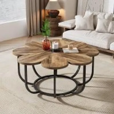A flower-shaped coffee table in a living room setting.