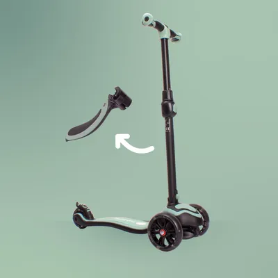 A three-wheeled scooter with a detached handlebar, shown against a plain green background.