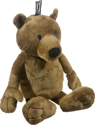 A brown plush bear is sitting on a white background.