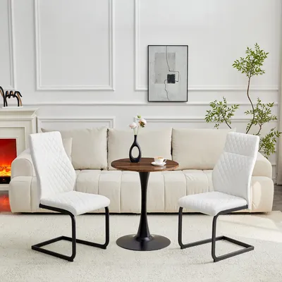 Image de Ensemble table et chaises, table ronde de 60 cm en MDF avec pied central noir + 2 chaises de salle à manger blanches