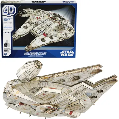 A product box and a 3D model of the Millennium Falcon.