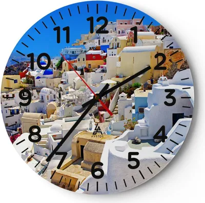 Produktbild von Wanduhr - Rund - Glasuhr - Griechenland insel tourismus santorini - 40x40cm - Schleichendes Uhrwerk - Lautlos - zum Aufhängen bereit - Dekoration Modern - Wanddekoration aus Glas - C4AR40x40-2651