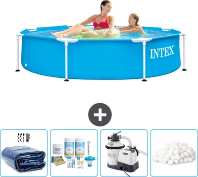 Produktbild von Intex-Schwimmbecken mit rundem Rahmen – 244 x 51 cm – Blau – im Lieferumfang enthalten Sonnensegel - Wartungspaket - Filterpumpe für Schwimmbad - Filterbälle